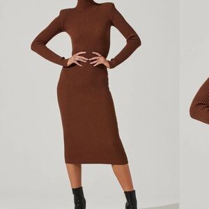 Astr Brown Ribbed Midi Dress